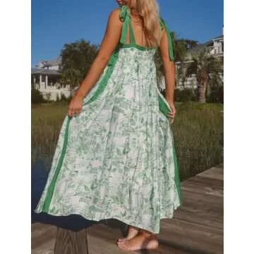 Women Summer Boho Tie Shoulder Dress Y2k Floral Smocked Flowy Long Dress Ruffle Tiered Beach Vocation Sundress(Ruffle Green,Small)