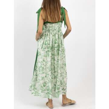 Women Summer Boho Tie Shoulder Dress Y2k Floral Smocked Flowy Long Dress Ruffle Tiered Beach Vocation Sundress(Ruffle Green,Small)