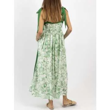 Women Summer Boho Tie Shoulder Dress Y2k Floral Smocked Flowy Long Dress Ruffle Tiered Beach Vocation Sundress(Ruffle Green,Small)