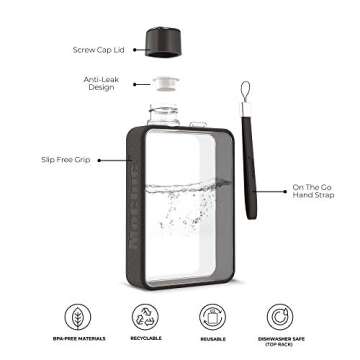 Mochic 13oz Flat Water Bottle - Portable Travel Mug Handbag Slim Cold Plastic Flask | BPA Free A5 Water Bottle Tritan Plastic | Sports, Camping, Gym, Fitness, Outdoor - Leak Proof. 380ml (Black)
