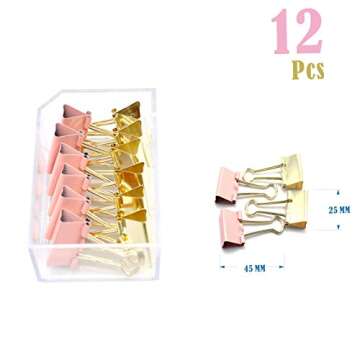 Gold Pink Binder Clips and Paper Clips Set (3-in-1 Boxed), for Office School Supplies Teachers Class...