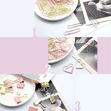 Gold Pink Binder Clips and Paper Clips Set (3-in-1 Boxed), for Office School Supplies Teachers Classroom Daily use