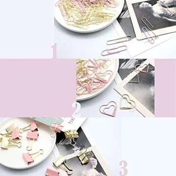 Gold Pink Binder Clips and Paper Clips Set (3-in-1 Boxed), for Office School Supplies Teachers Classroom Daily use