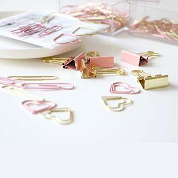 Gold Pink Binder Clips and Paper Clips Set (3-in-1 Boxed), for Office School Supplies Teachers Classroom Daily use