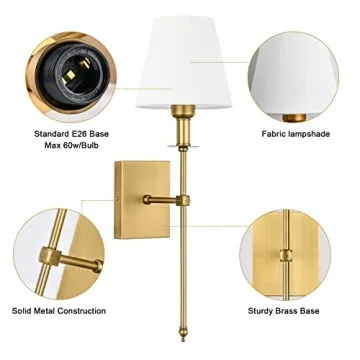 Pauwer Slim Wall Sconces Set of 2 White Fabric Shade Antique Brass