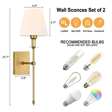 Pauwer Slim Wall Sconces Set of 2 White Fabric Shade Antique Brass