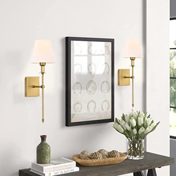 Pauwer Slim Wall Sconces Set of 2 White Fabric Shade Antique Brass