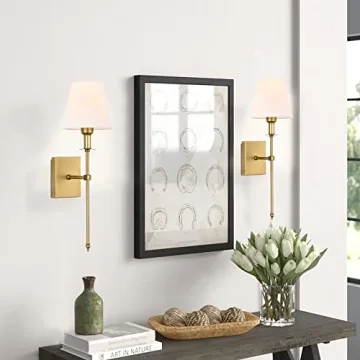 Pauwer Slim Wall Sconces Set of 2 White Fabric Shade Antique Brass