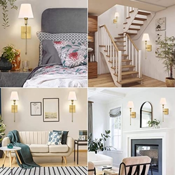 Pauwer Slim Wall Sconces Set of 2 White Fabric Shade Antique Brass