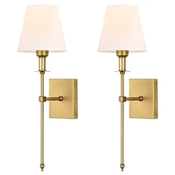 Pauwer Slim Wall Sconces Set of 2 White Fabric Shade Antique Brass