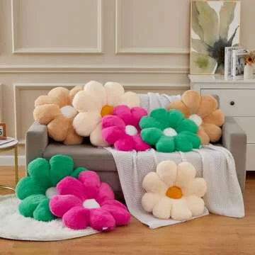 Ailive 21.6 in Light Brown Large Cute Fluffy Faux Fur Decorative Pillow Flower Shaped Throw Pillows for Kids Teen Girls Preppy Adults