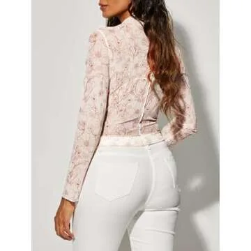 Women Floral Mesh Top Lace Long Sleeve Tops Mock Neck Ruffle See Through Tops Fitted Sexy Going Out Tops Fashion 2025 - Floral Apricot S