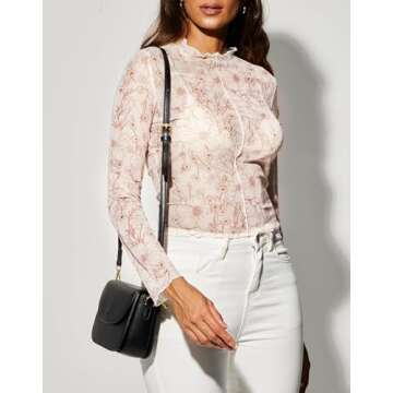 Women Floral Mesh Top Lace Long Sleeve Tops Mock Neck Ruffle See Through Tops Fitted Sexy Going Out Tops Fashion 2025 - Floral Apricot S