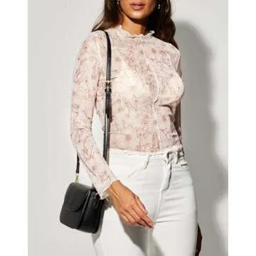 Women Floral Mesh Top Lace Long Sleeve Tops Mock Neck Ruffle See Through Tops Fitted Sexy Going Out Tops Fashion 2025 - Floral Apricot S