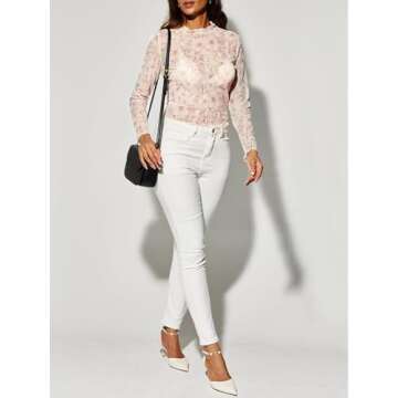 Women Floral Mesh Top Lace Long Sleeve Tops Mock Neck Ruffle See Through Tops Fitted Sexy Going Out Tops Fashion 2025 - Floral Apricot S