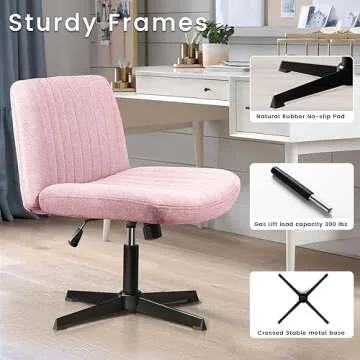 PUKAMI Criss Cross Chair,Armless Cross Legged Office Desk Chair No Wheels,Fabric Padded Modern Swivel Height Adjustable Mid Back Wide Seat Computer Task Vanity Chair for Home Office(Pink)