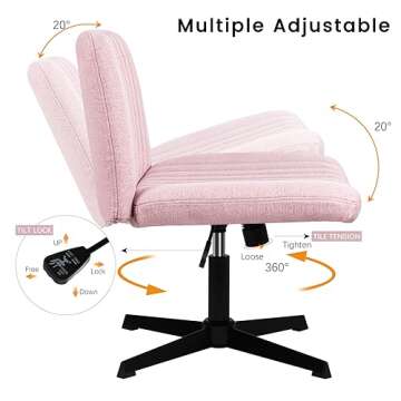 PUKAMI Criss Cross Chair,Armless Cross Legged Office Desk Chair No Wheels,Fabric Padded Modern Swivel Height Adjustable Mid Back Wide Seat Computer Task Vanity Chair for Home Office(Pink)