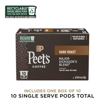Peet's Coffee, Dark Roast Single Serve Coffee Pods - Major Dickason's Blend 10 Count (1 Box of 10 Po...