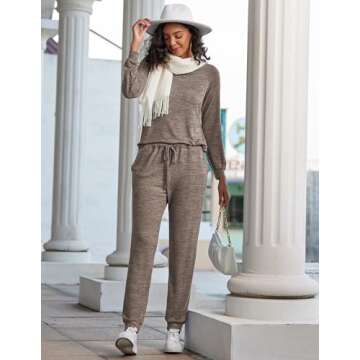 Ekouaer Womens Pajamas Set Long Sleeve Loungewear Soft Lounge Set Joggers with Pockets,Large,Light Brown