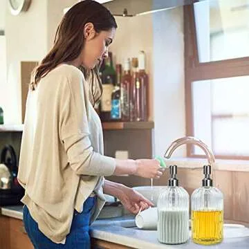 owandan Clear Glass Soap Dispenser 18 oz, 2 Pack Hand Dish Soap Dispensers Bathroom with Stainless Steel Pump, Refillable Kitchen Liquid Decorative Bottles for Hand Sanitizer, Lotion