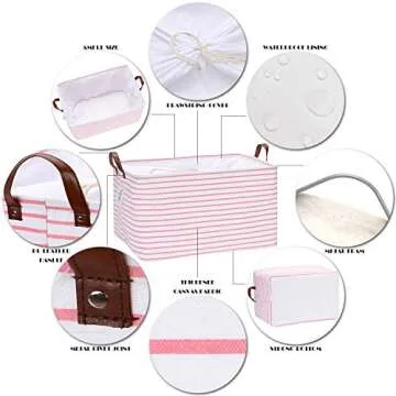 Hinwo 2-Pack Extra Large Canvas Fabric Storage Baskets with Handles, 70L Oversized Storage Bins, Collapsible Storage Box, Clothes, Toys, Blankets Organizers, 22 x 15 x 13 inches, (Pink Stripe)