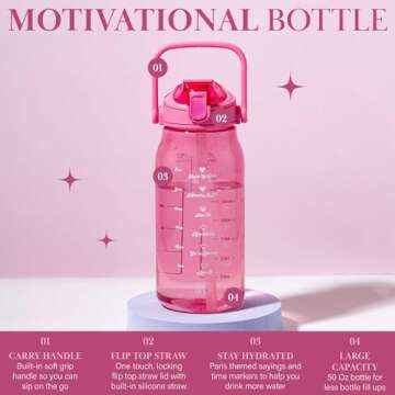 Paris Hilton Motivational Water Bottle with Straw and Leak-proof Flip-Top Lid, Motivational Time Markers, Carry Handle for Travel, Made without BPA, 50-Ounce, Pink