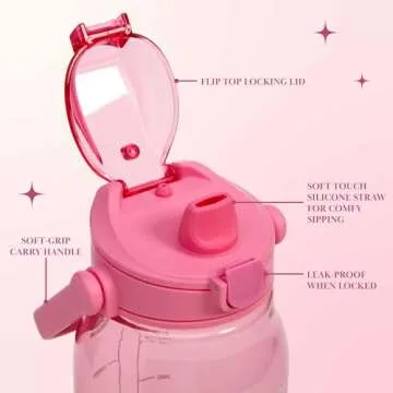 Paris Hilton Motivational Water Bottle with Straw and Leak-proof Flip-Top Lid, Motivational Time Markers, Carry Handle for Travel, Made without BPA, 50-Ounce, Pink