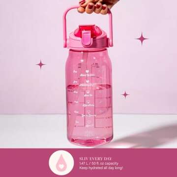 Paris Hilton Motivational Water Bottle with Straw and Leak-proof Flip-Top Lid, Motivational Time Markers, Carry Handle for Travel, Made without BPA, 50-Ounce, Pink