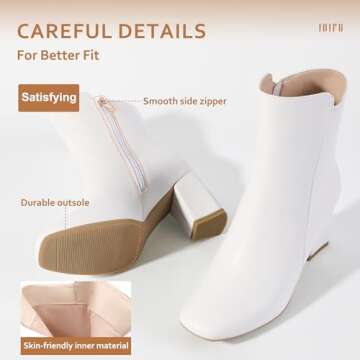 IDIFU Women's Ada Fashion Square Toe Ankle Boots Low Block Heel Short Boots Side Zipper Booties Shoes- Half Size Larger (White Pu, 7 M US)