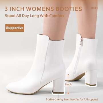 IDIFU Women's Ada Fashion Square Toe Ankle Boots Low Block Heel Short Boots Side Zipper Booties Shoes- Half Size Larger (White Pu, 7 M US)