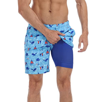 LRD Men's Swim Trunks with Compression Liner 7 Inch Inseam Quick Dry Swim Shorts Life's a Beach/Blue...