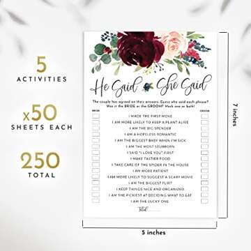 Printperie Burgundy Floral Bridal Shower Games - Set of 5 Activities for 50 Guests - for Marsala Bri...