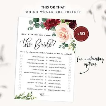 Burgundy Floral Bridal Shower Games Set for 50 Guests