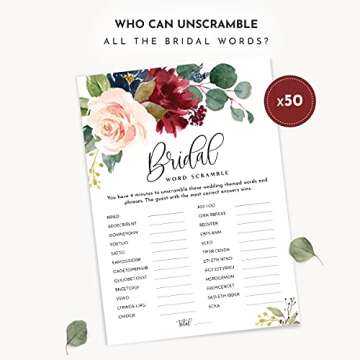 Burgundy Floral Bridal Shower Games Set for 50 Guests