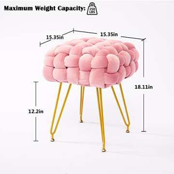 Square Velvet Vanity Stool, Upholstered Ottoman Foot Rest with Adjustable Metal Legs, Makeup Ottoman for Bedroom, Dressing Room, Living Room, Pink