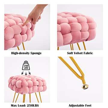 Square Velvet Vanity Stool, Upholstered Ottoman Foot Rest with Adjustable Metal Legs, Makeup Ottoman for Bedroom, Dressing Room, Living Room, Pink