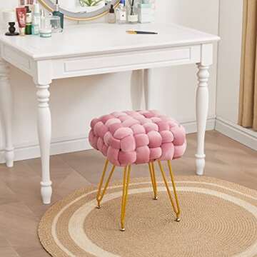 Square Velvet Vanity Stool, Upholstered Ottoman Foot Rest with Adjustable Metal Legs, Makeup Ottoman for Bedroom, Dressing Room, Living Room, Pink