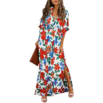 TIKSAWON Women's Summer Floral Print Flowy Maxi Dress Party Vacation High Slit Loose Long Beach Dres...
