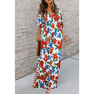 TIKSAWON Women's Summer Floral Print Flowy Maxi Dress Party Vacation High Slit Loose Long Beach Dress Red M