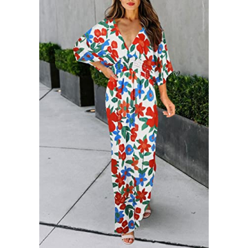 TIKSAWON Women's Summer Floral Print Flowy Maxi Dress Party Vacation High Slit Loose Long Beach Dress Red M