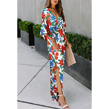 TIKSAWON Women's Summer Floral Print Flowy Maxi Dress Party Vacation High Slit Loose Long Beach Dress Red M
