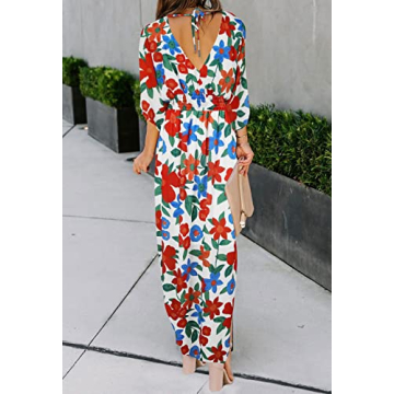 TIKSAWON Women's Summer Floral Print Flowy Maxi Dress Party Vacation High Slit Loose Long Beach Dress Red M