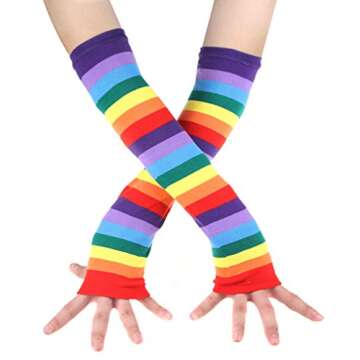 Chalier Womens Rainbow Striped Knee Thigh High Socks Arm Warmer Fingerless Gloves 2 Pairs(rainbow Set) One Size