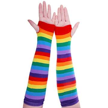 Chalier Womens Rainbow Striped Knee Thigh High Socks Arm Warmer Fingerless Gloves 2 Pairs(rainbow Set) One Size