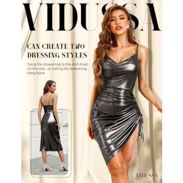 VIDUSSA Women's Sparkly Glitter Dress Cowl Neck Spaghetti Strap Ruched Bodycon Cocktail Party Night ...