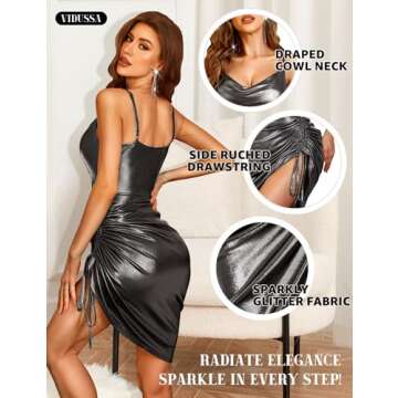 VIDUSSA Women's Sparkly Glitter Dress Cowl Neck Spaghetti Strap Ruched Bodycon Cocktail Party Night Club Midi Dresses Grey S