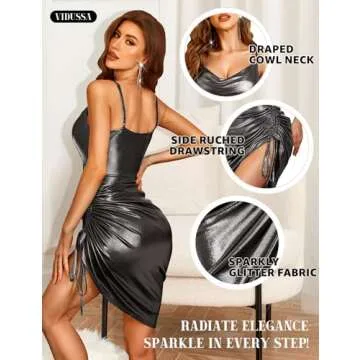 VIDUSSA Women's Sparkly Glitter Dress Cowl Neck Spaghetti Strap Ruched Bodycon Cocktail Party Night Club Midi Dresses Grey S