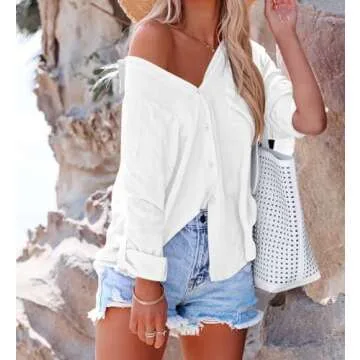 Diosun Women's V Neck Casual Button Down Shirt