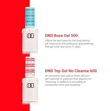 DND Base Gel and Top Gel Polish No Cleanse Set, UV/LED GelBase Polish 500 and No Cleanse Top Coat 600, Professional Gel Polish Duo, 0.5 Fl Oz Each