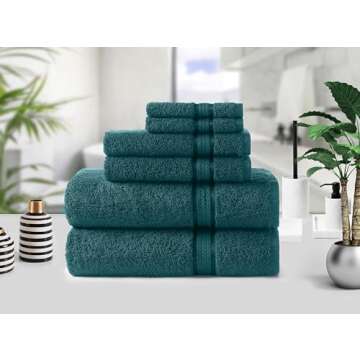 COTTON CRAFT Ultra Soft 6 Piece Towel Set - 2 Oversized Large Bath Towels,2 Hand Towels,2 Washcloths - Absorbent Quick Dry Everyday Luxury Hotel Bathroom Spa Gym Shower Pool Travel -100% Cotton - Teal